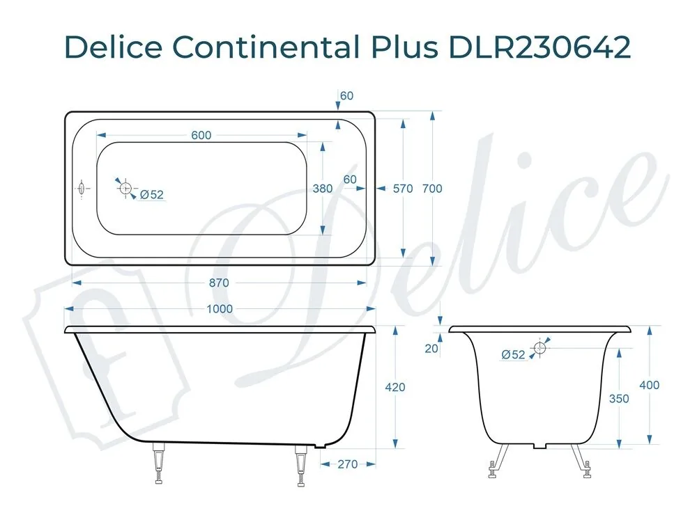 картинка Ванна чугунная Delice Continental PLUS 100х70 DLR230642 