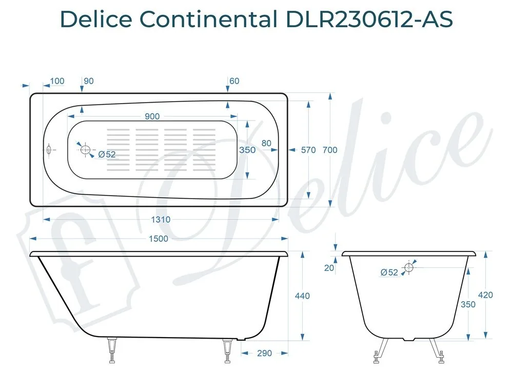 картинка Ванна чугунная Delice Continental 150х70 с антискользящим покрытием DLR230612-AS 
