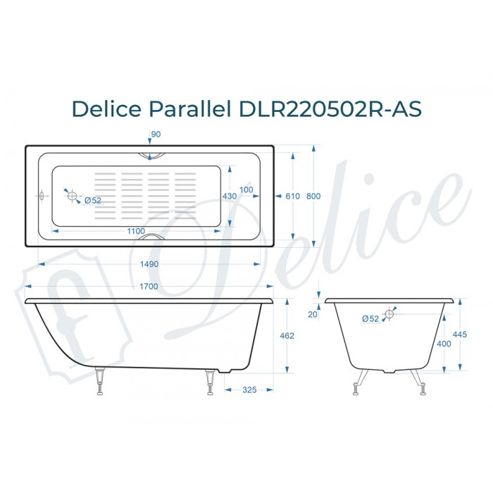 картинка Ванна чугунная Delice Parallel 1700х800 с ручками, ножками и антискользящим покрытием 