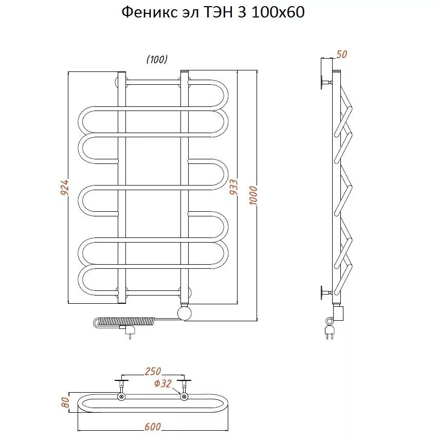 картинка Полотенцесушитель Тругор Феникс эл ТЭН 3 100*60 (ЛЦ36) (Феникс3/элТЭН10060) 