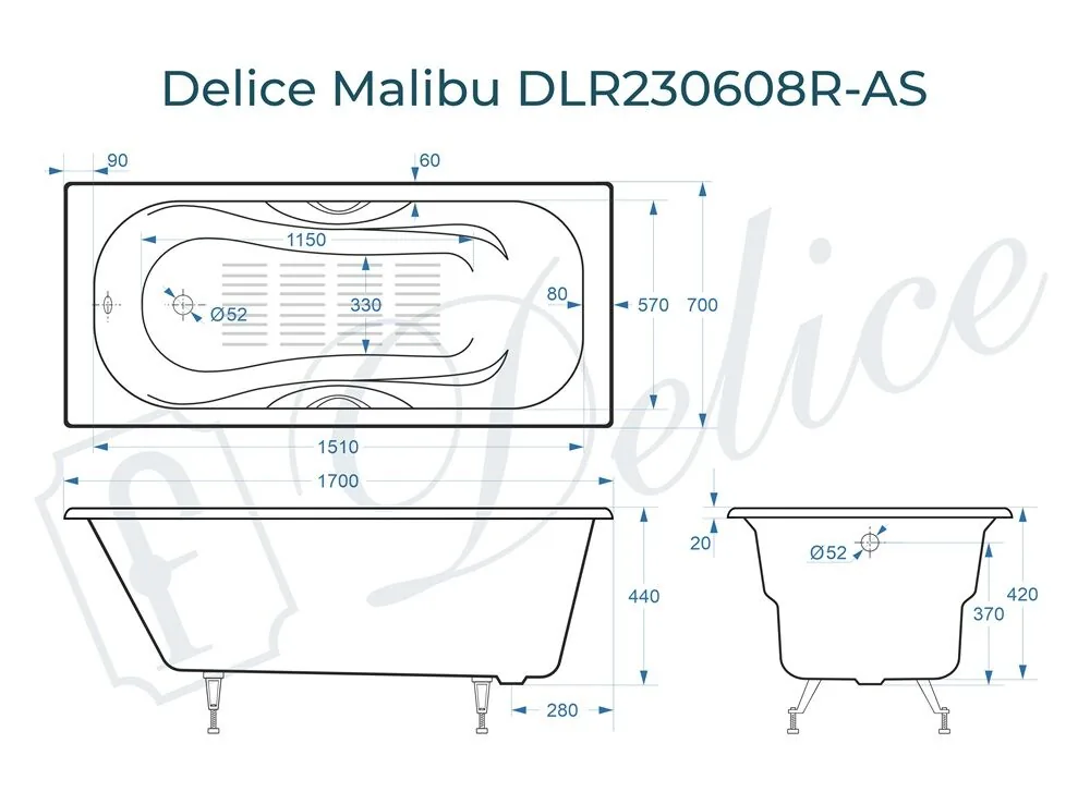 картинка Ванна чугунная Delice Malibu 170х70 с отверстиями под ручки и антискользящим покрытием DLR230608R-AS 