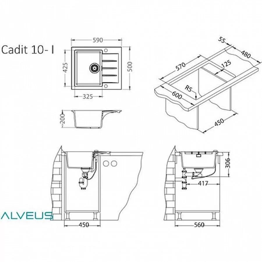 картинка Мойка Alveus GRANITAL CADIT 10 CARBON - G91 590 X 500  1X в комплекте с сифоном 