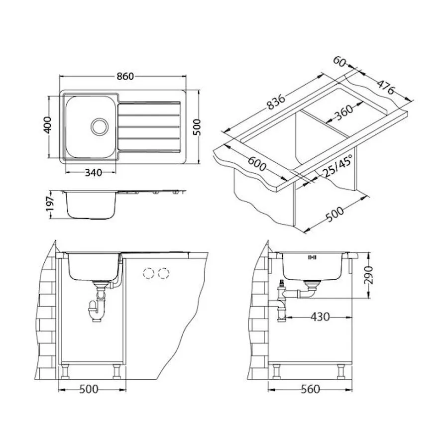 картинка Мойка Alveus LINE MAXIM 20-SAT 860X500 с сифоном 