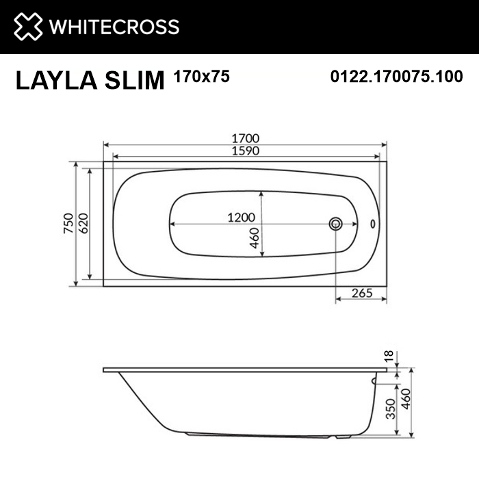 картинка Ванна WHITECROSS Layla Slim 170x75 SOFT хром 