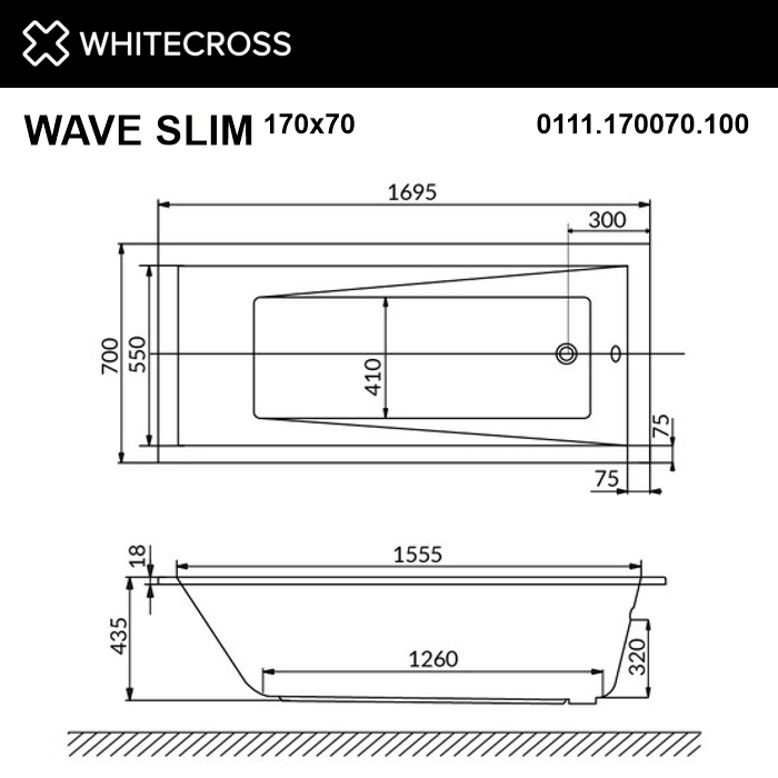 картинка Ванна WHITECROSS Wave Slim 170x70 акрил с каркасом MR-02 