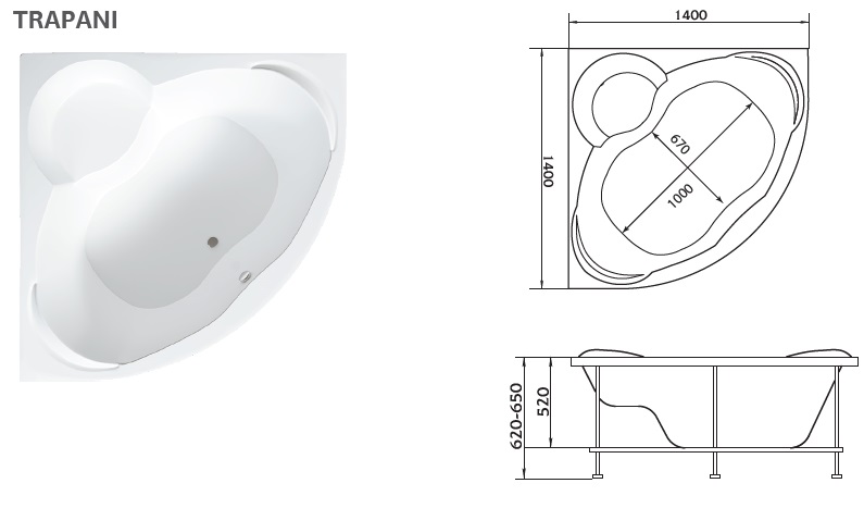 картинка Ванна Marka One TRAPANI 140x140 с каркасом 