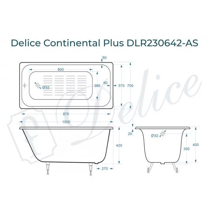 картинка Ванна чугунная Delice Continental PLUS 100х70 с антискользящим покрытием DLR230642-AS с ножками и переливом DLR000017 