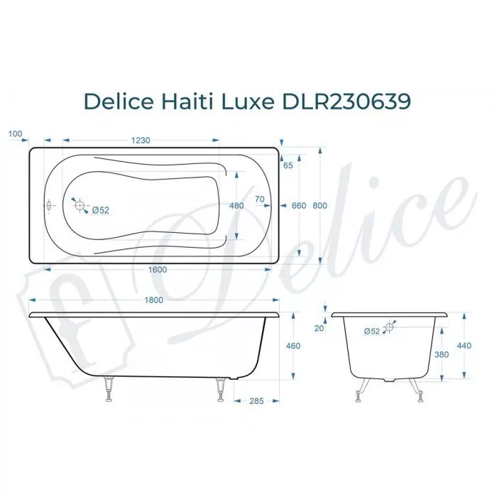 картинка Ванна чугунная Delice Haiti Luxe 180х80 DLR230639 с ножками и переливом DLR000017 