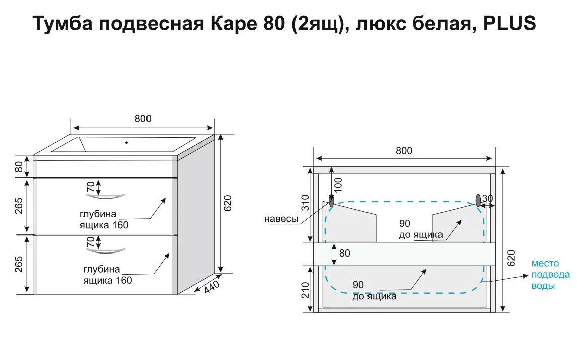 фото Тумба подвесная Style Line Каре 80 2 ящика Люкс белая PLUS 