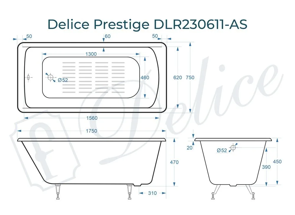 картинка Ванна чугунная Delice Prestige 175х75 с антискользящим покрытием DLR230611-AS 