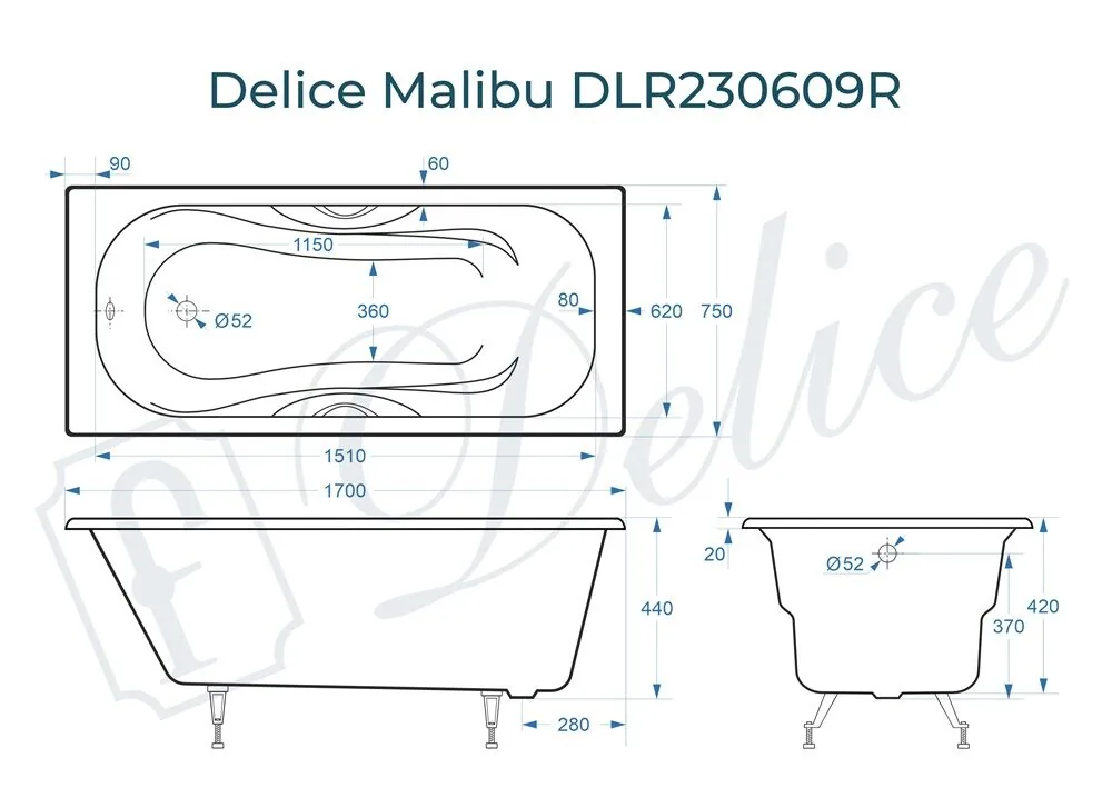 картинка Ванна чугунная Delice Malibu 170х75 с отверстиями под ручки DLR230609R 