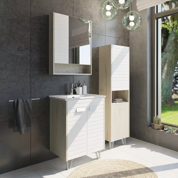 фото Тумба с раковиной Comforty Клеон 60Н белый/дуб дымчатый, с раковиной 9060M 
