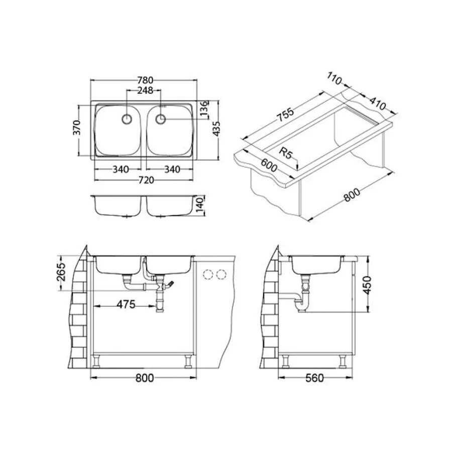 картинка Мойка Alveus BASIC 160 LEI-90 780X435 в комплекте с сифоном 