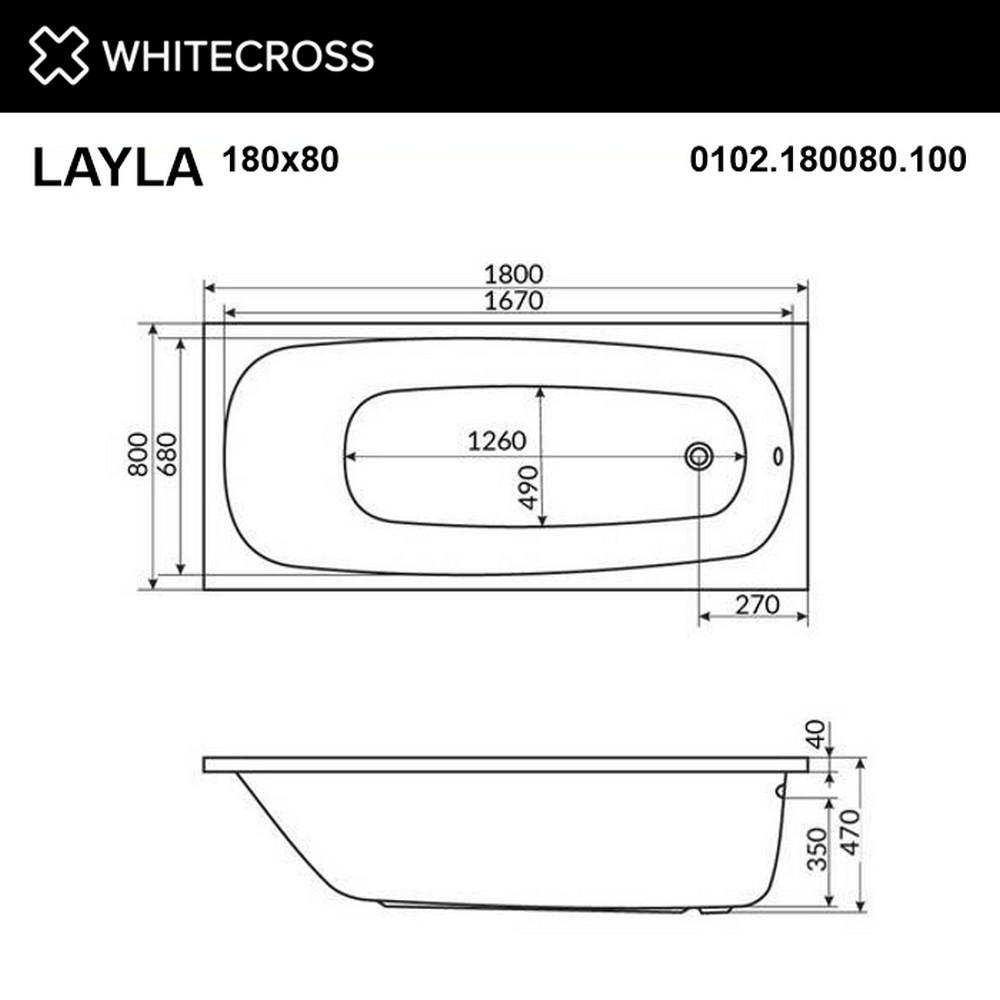 картинка Ванна WHITECROSS Layla 180x80 NANO хром 