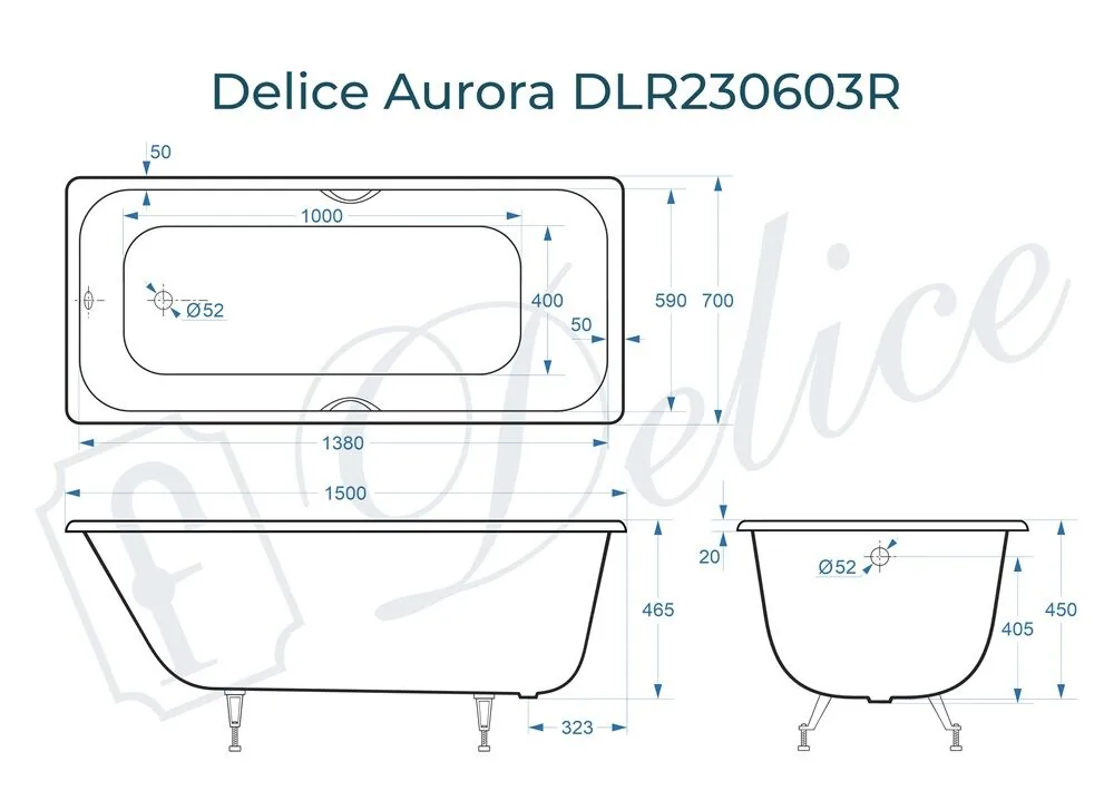 картинка Ванна чугунная Delice Aurora 150х70 с отверстиями под ручки DLR230603R 
