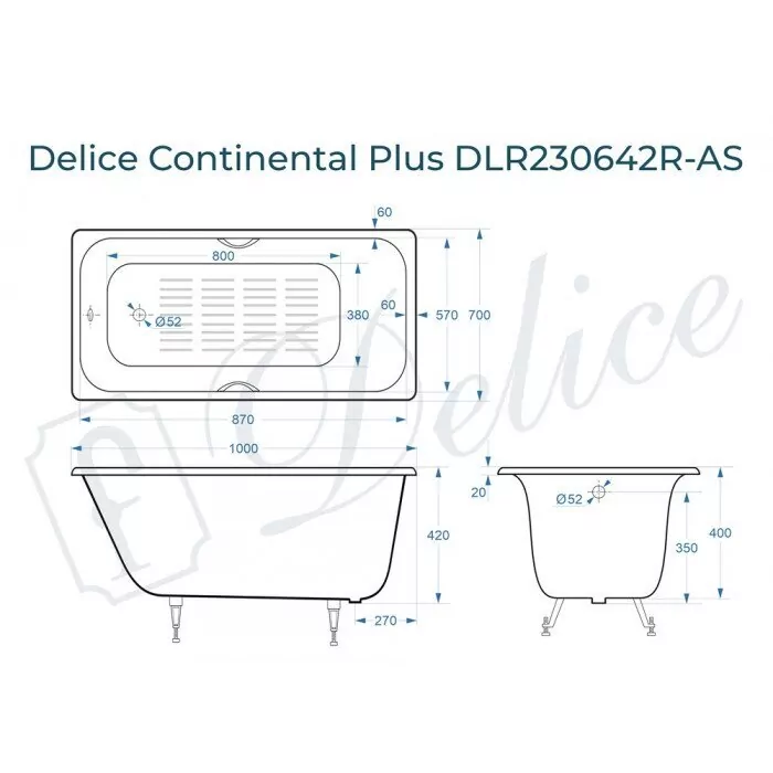 картинка Ванна чугунная Delice Continental PLUS 100х70 с отверстиями под ручки и антискользящим покрытием DLR230642R-AS с ножками и переливом DLR000017 