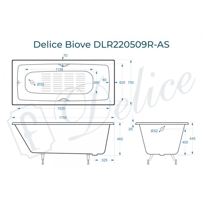 картинка Ванна чугунная Delice Biove 1700х750 с ручками, ножками и антискользящим покрытием 