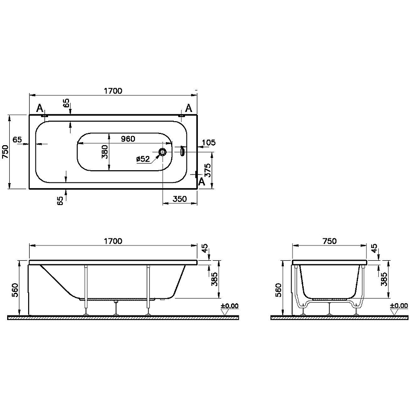 картинка Ванна VitrA Optimum Neo 170x75 