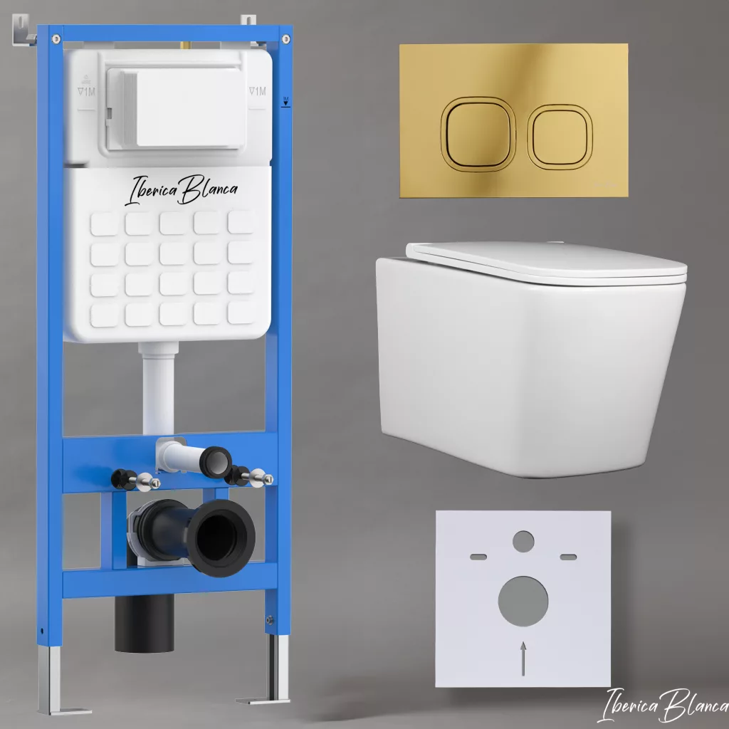 картинка Комплект 3 в 1 IBERICA BLANCA инсталляция с унитазом TOLEDO ALTO IB.TLA.234.1B1 клавишей шампань-золото глянцевый ESTI-Q IB.B083.006.001 