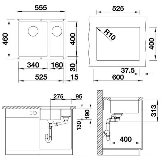 картинка Кухонная мойка Blanco SUBLINE 340/160-U SILGRANIT серый беж 523565 чаша справа 