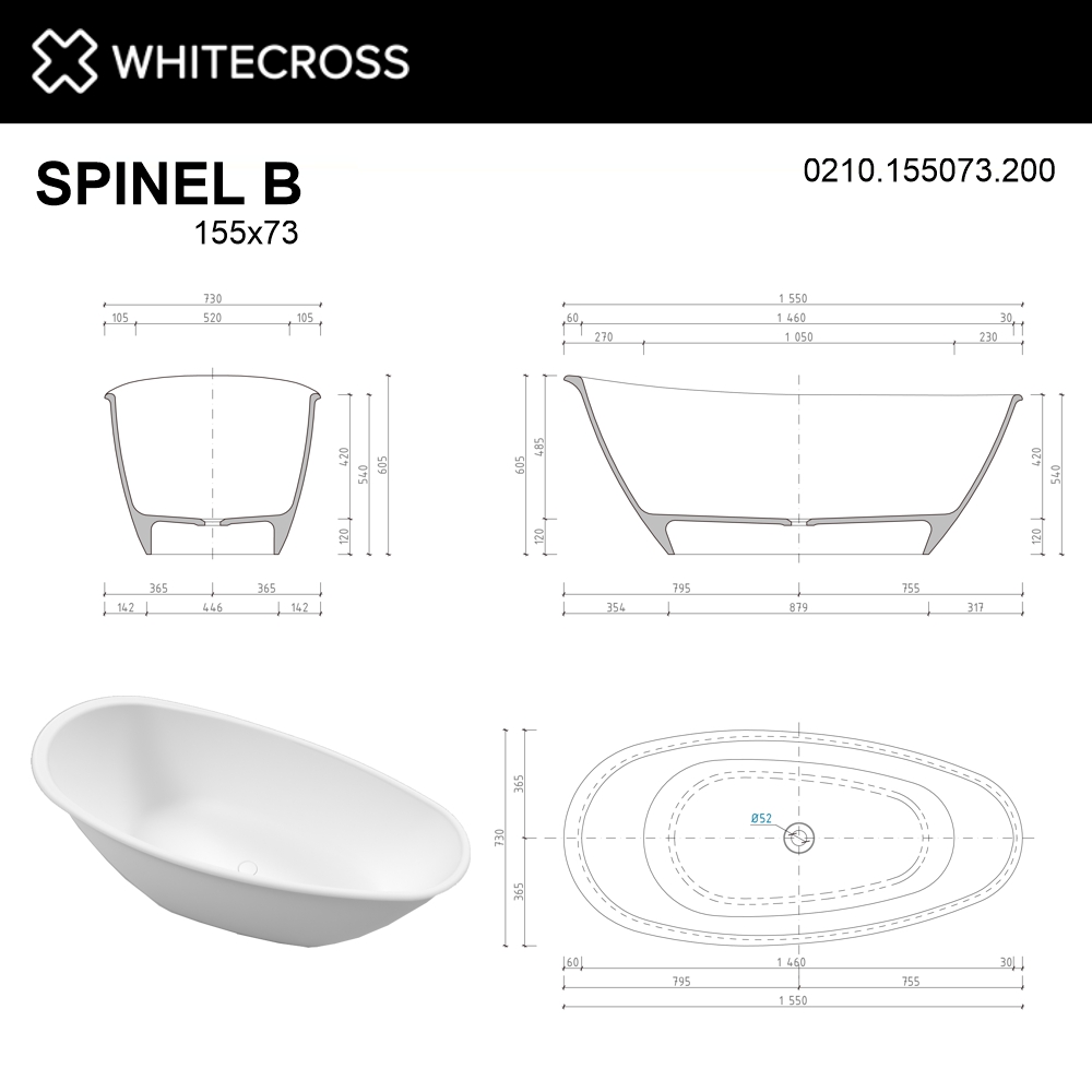 картинка Ванна WHITECROSS Spinel B 155x73 белый мат иск. камень 