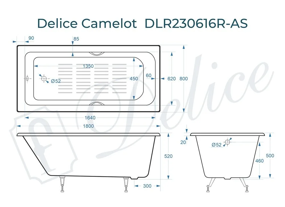картинка Ванна чугунная Delice Camelot 180х80 с отверстиями под ручки и антискользящим покрытием DLR230616R-AS 