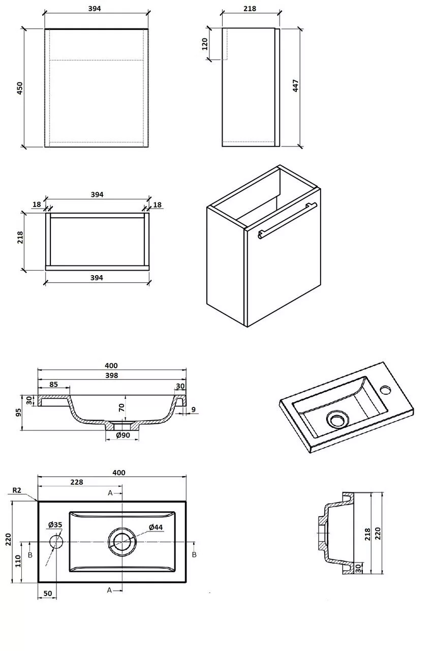 фото Тумба PARLY Spa Tight-40 подвесная с раковиной 400x220x470 