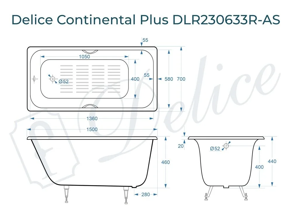 картинка Ванна чугунная Delice Continental PLUS 150х70 с отверстиями под ручки и антискользящим покрытием DLR230633R-AS 