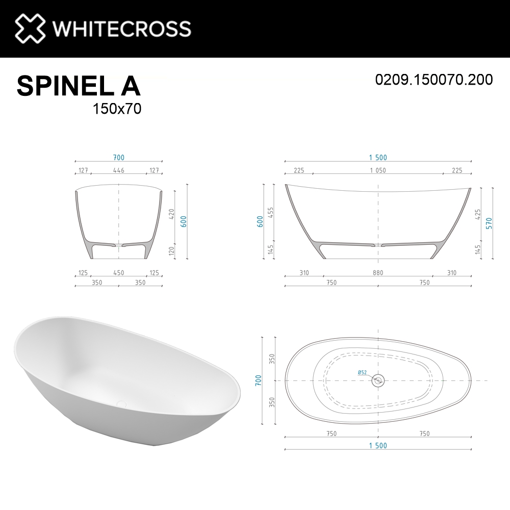 картинка Ванна WHITECROSS Spinel A 150x70 белый мат иск. камень 