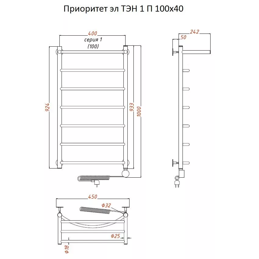 картинка Полотенцесушитель Тругор Приоритет эл ТЭН 1 П 100*40 (ЛЦ2) (Приоритет1/элТЭН10040 П) 