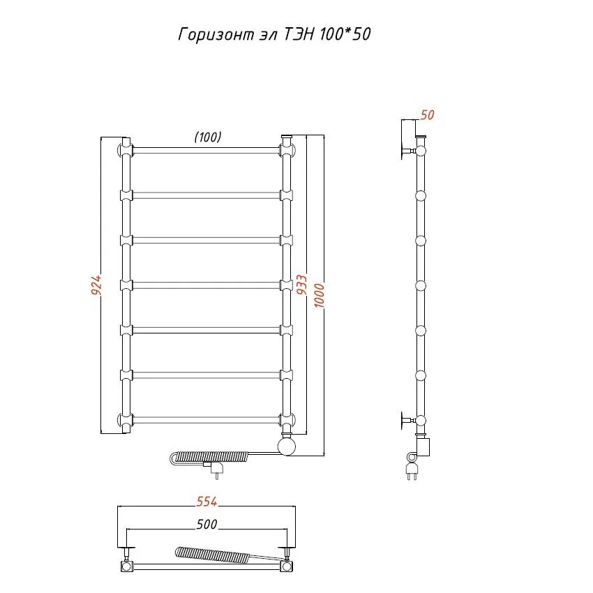 картинка Полотенцесушитель Тругор Горизонт эл ТЭН 100*50 (ЛЦ34) (Горизонт/элТЭН10050) 