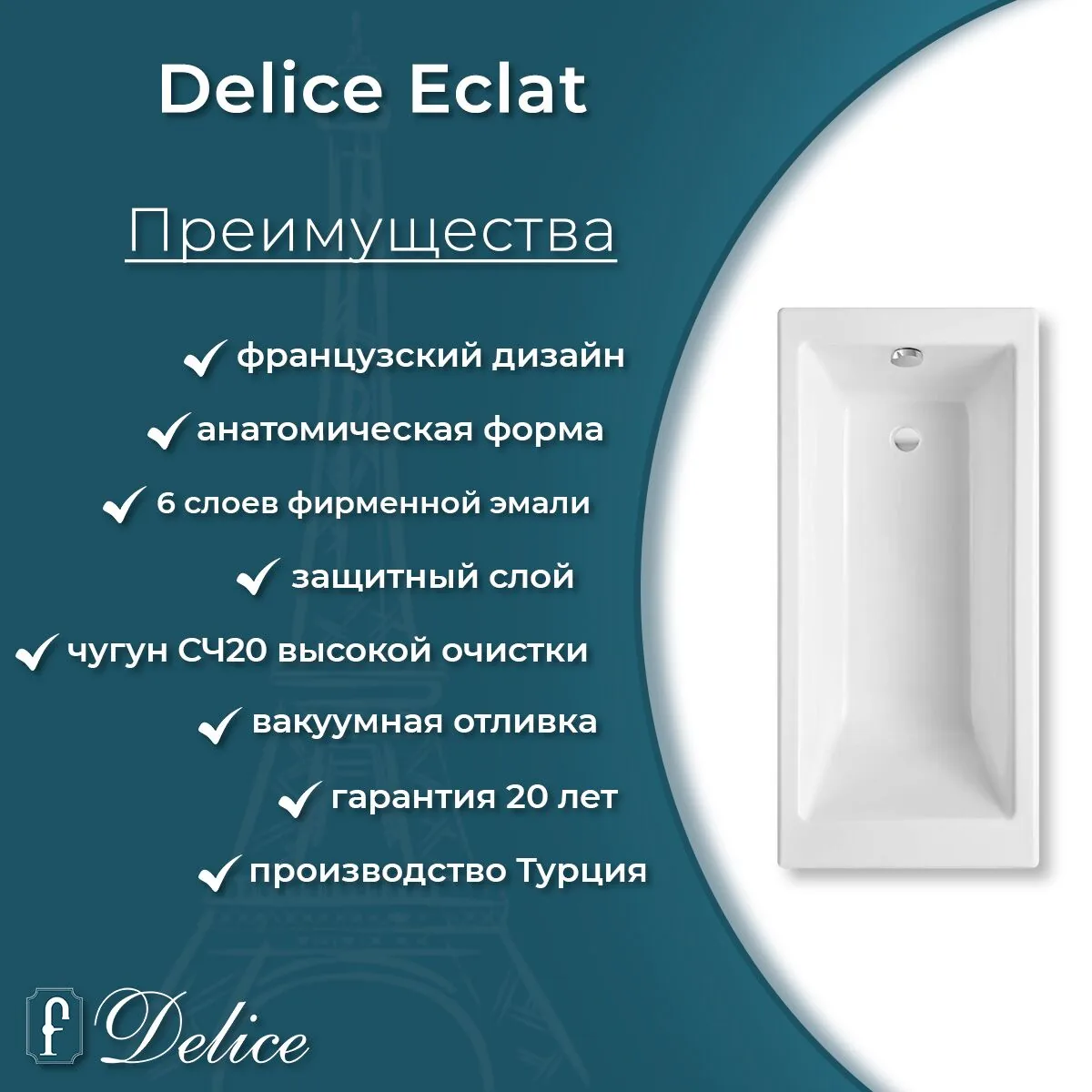 картинка Ванна чугунная Delice Eclat 170х70 с отверстиями под ручки DLR230621R 