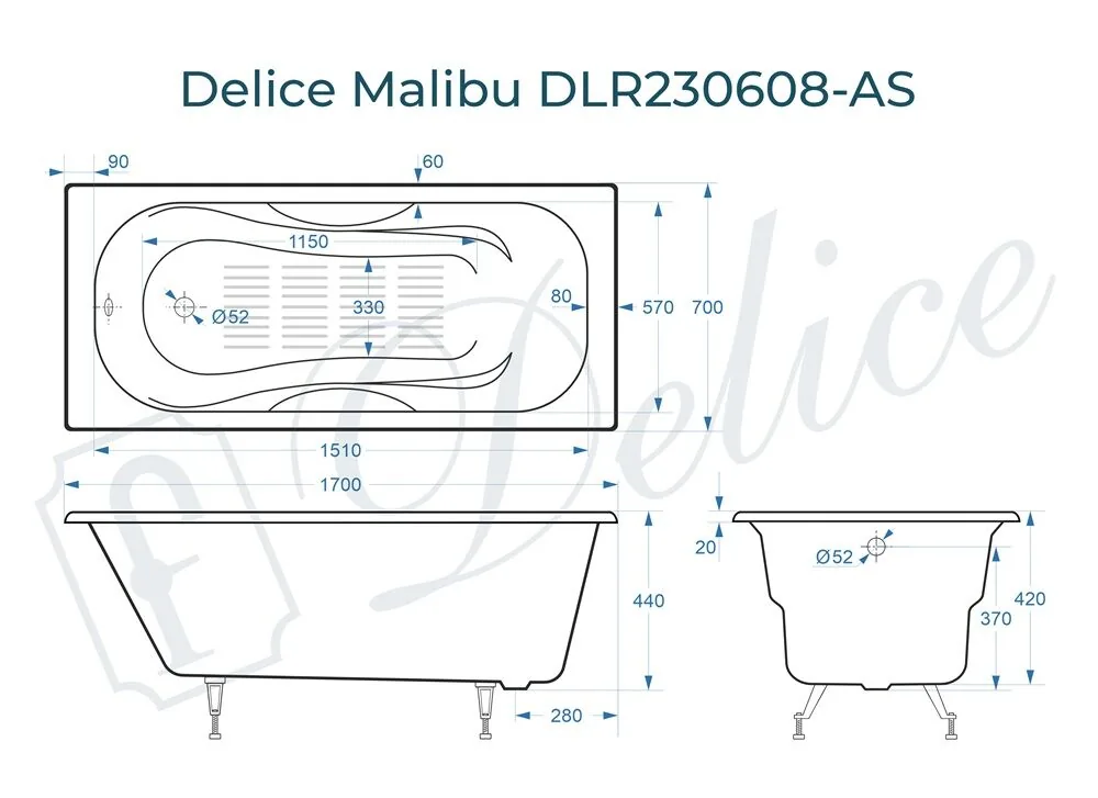 картинка Ванна чугунная Delice Malibu 170х70 с антискользящим покрытием DLR230608-AS 