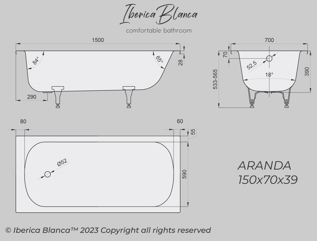 картинка Ванна стальная Iberica Blanca ARANDA эмалированная 150х70х39 см белая 