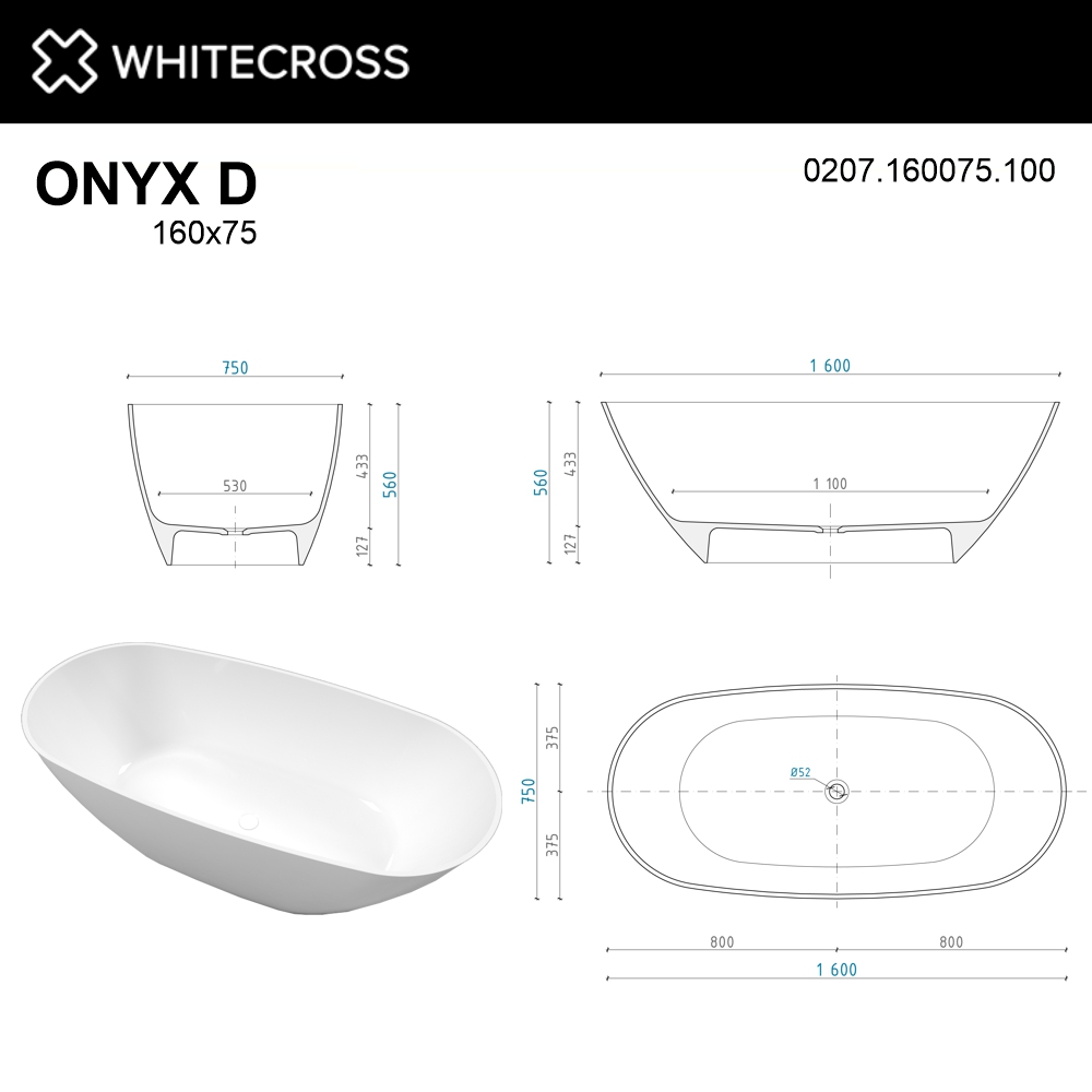 картинка Ванна WHITECROSS Onyx D 160x75 белый глянец иск. камень 
