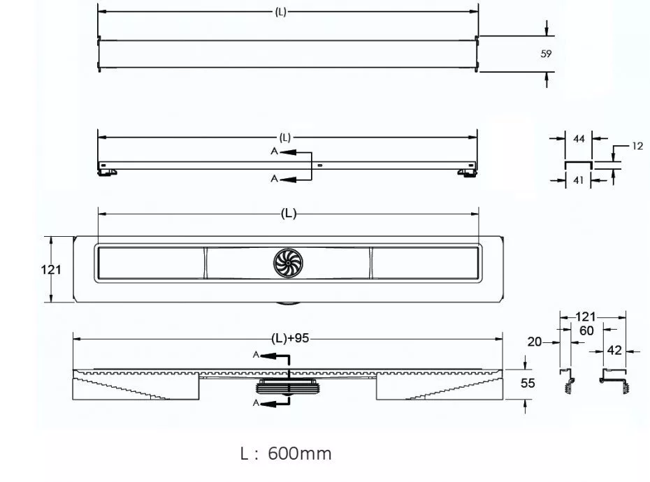 картинка Желоб водосток BERGES C1 Norma 600, матовый хром, вертикальный выпуск S-сифон D50/105 мм H30/80 мм 