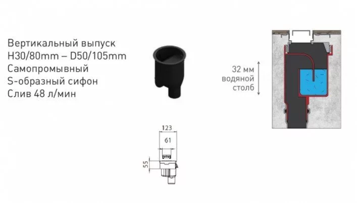 картинка Желоб водосток BERGES B1 Keramik 900, матовый хром, вертикальный выпуск S-сифон D50/105 H30/80мм 
