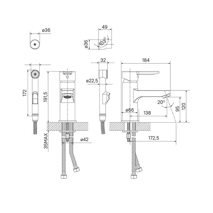 картинка Смеситель IDDIS Sena SENSB00i08 для раковины, с гигиеническим душем 