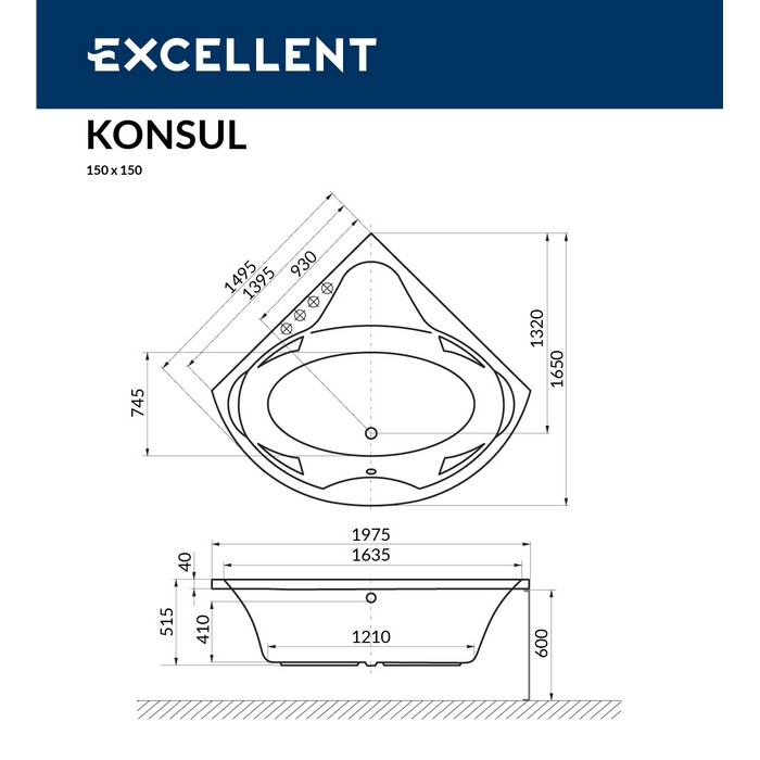 картинка Ванна EXCELLENT Konsul 150x150 с каркасом MR-02 