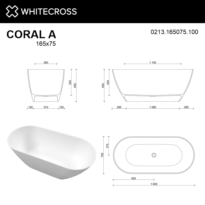 картинка Ванна WHITECROSS Coral A 165x75 белый глянец иск. камень 