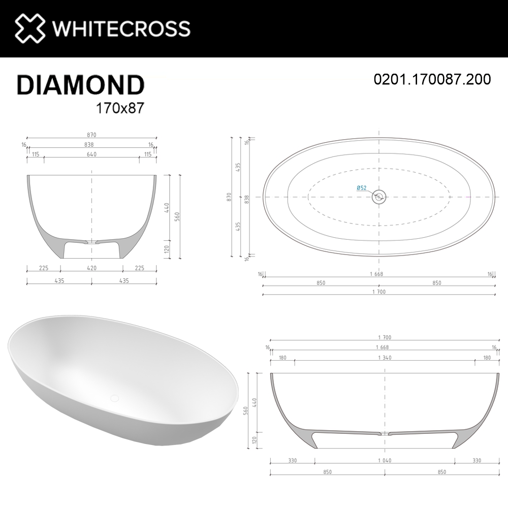 картинка Ванна WHITECROSS Diamond 170x87 белый мат иск. камень 