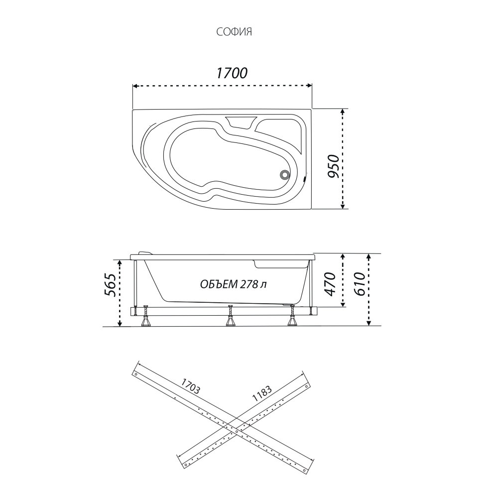 картинка Акриловая ванна Triton София 170х95 правая с каркасом 