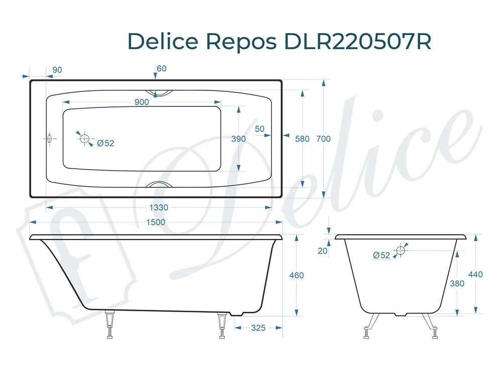 картинка Ванна чугунная Delice Repos 150х70 с ручками DLR220507R 