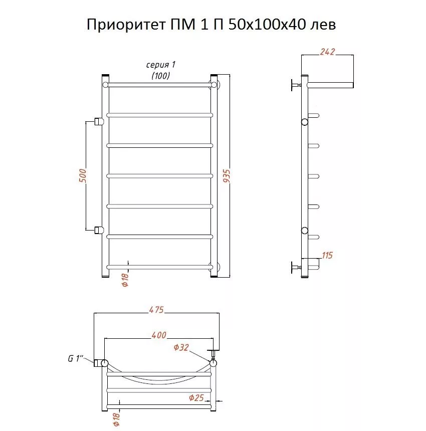 картинка Полотенцесушитель Тругор Приоритет ПМ 1 П 50*100*40 (ЛЦ2) лев (Приоритет1/ПМ5010040П лев) 