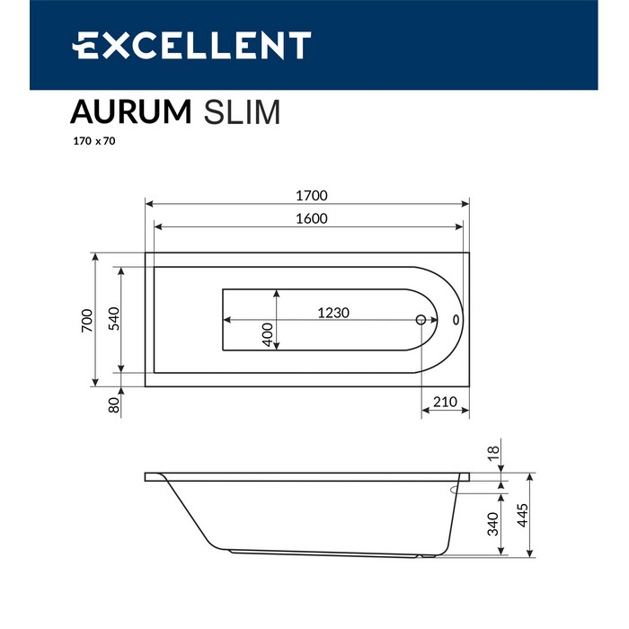картинка Ванна ACTIMA Aurum Slim 170x70 AERO хром 