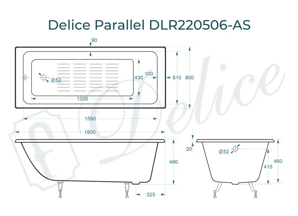 картинка Ванна чугунная Delice Parallel 180х80 с антискользящим покрытием DLR220506-AS 