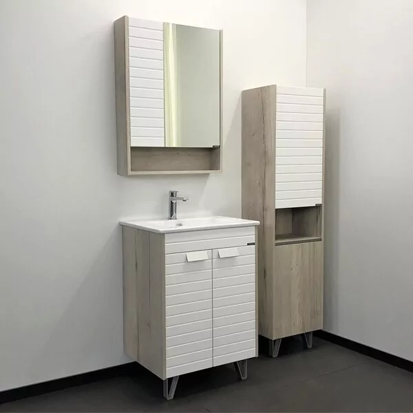 фото Тумба с раковиной Comforty Клеон 60Н белый/дуб дымчатый, с раковиной 9060M 