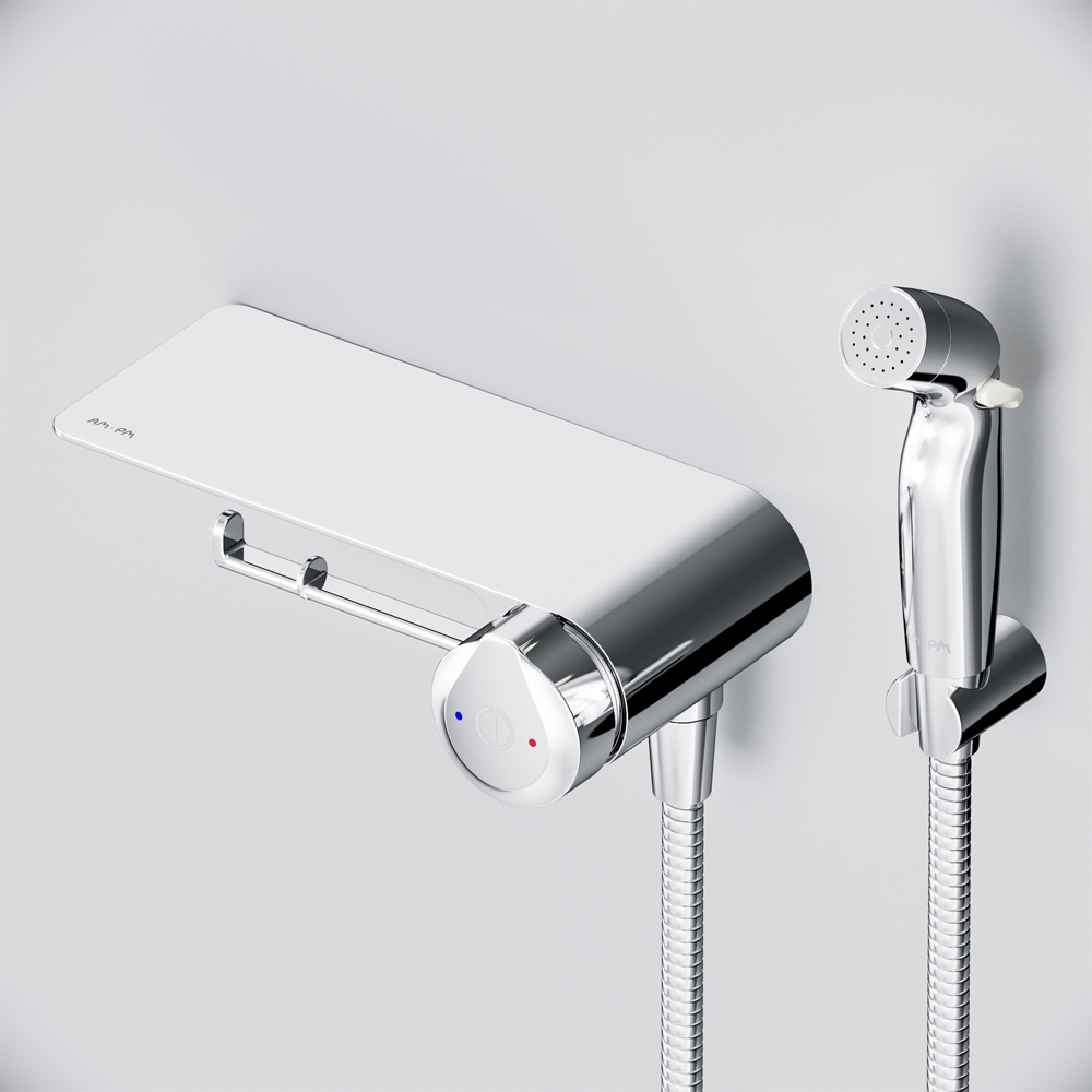картинка Гигиенический набор AM.PM F0H85A800 X-Joy TouchReel со смесителем для душа с полкой держателем туалетной бумаги 