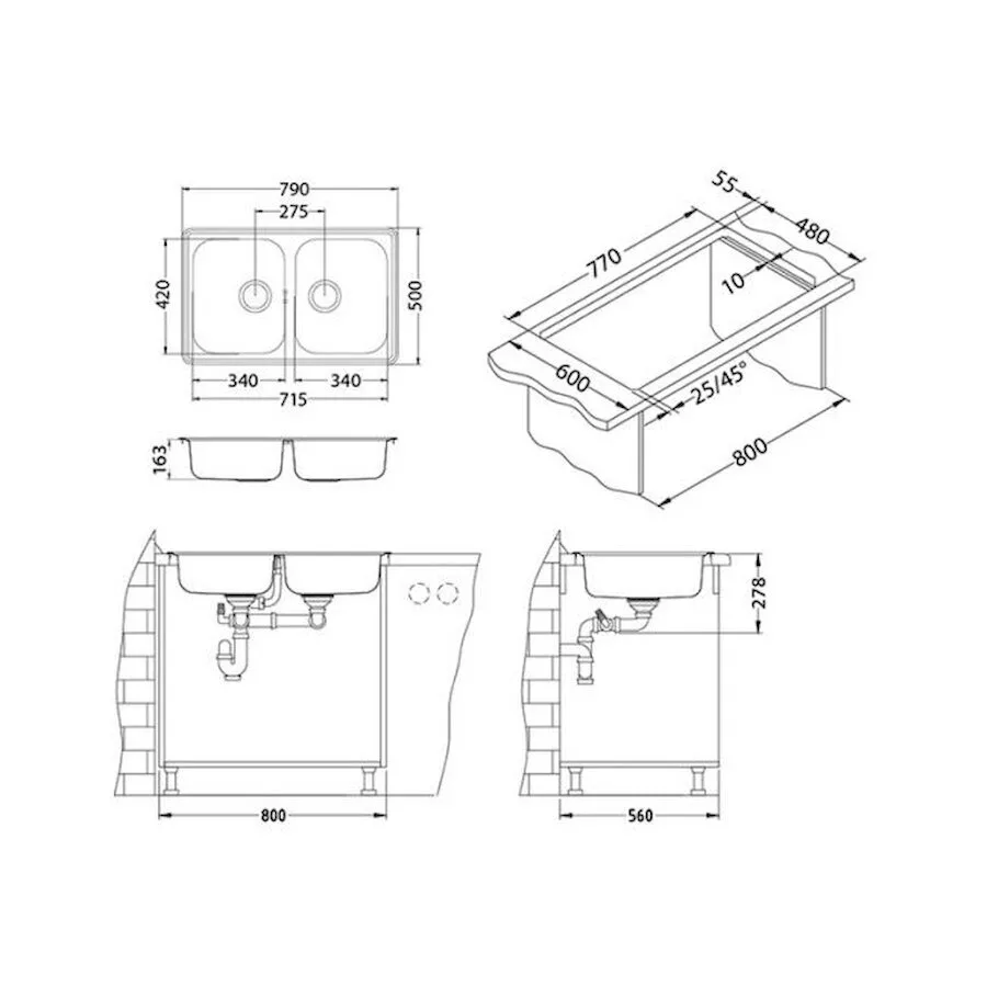 картинка Мойка Alveus LINE 90 NAT-90 790X500 2X в комплекте с сифоном 