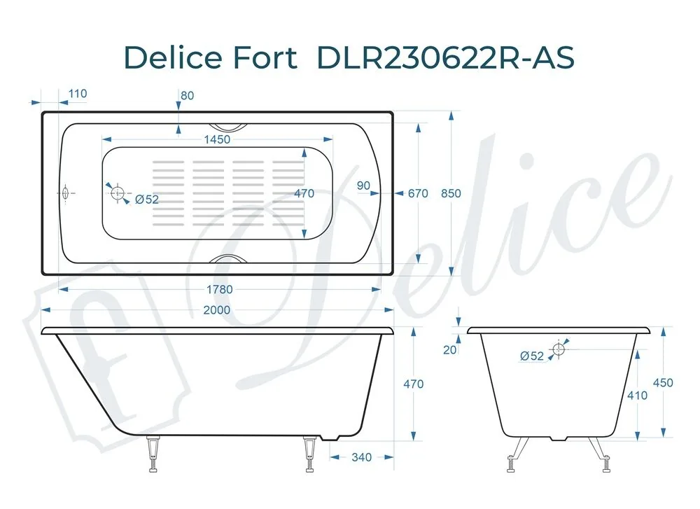 картинка Ванна чугунная Delice Fort 200х85 с отверстиями под ручки и антискользящим покрытием DLR230622R-AS 
